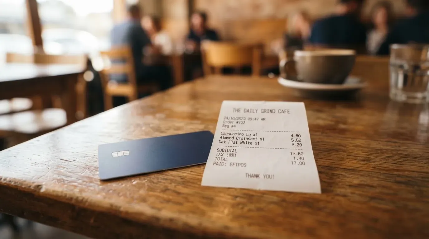 A receipt and a card on a café table