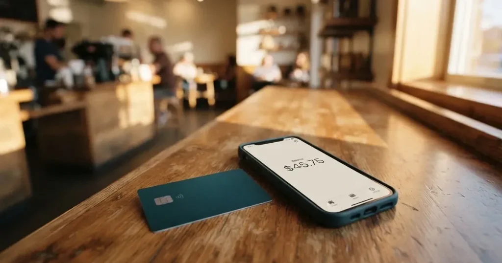 A payment card next to a phone with a crypto wallet app open