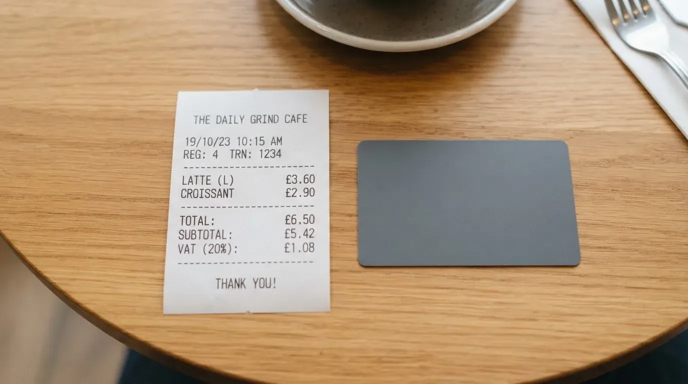 A receipt and a card on a café table