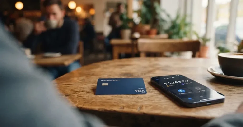 A payment card next to a phone with a crypto wallet app open