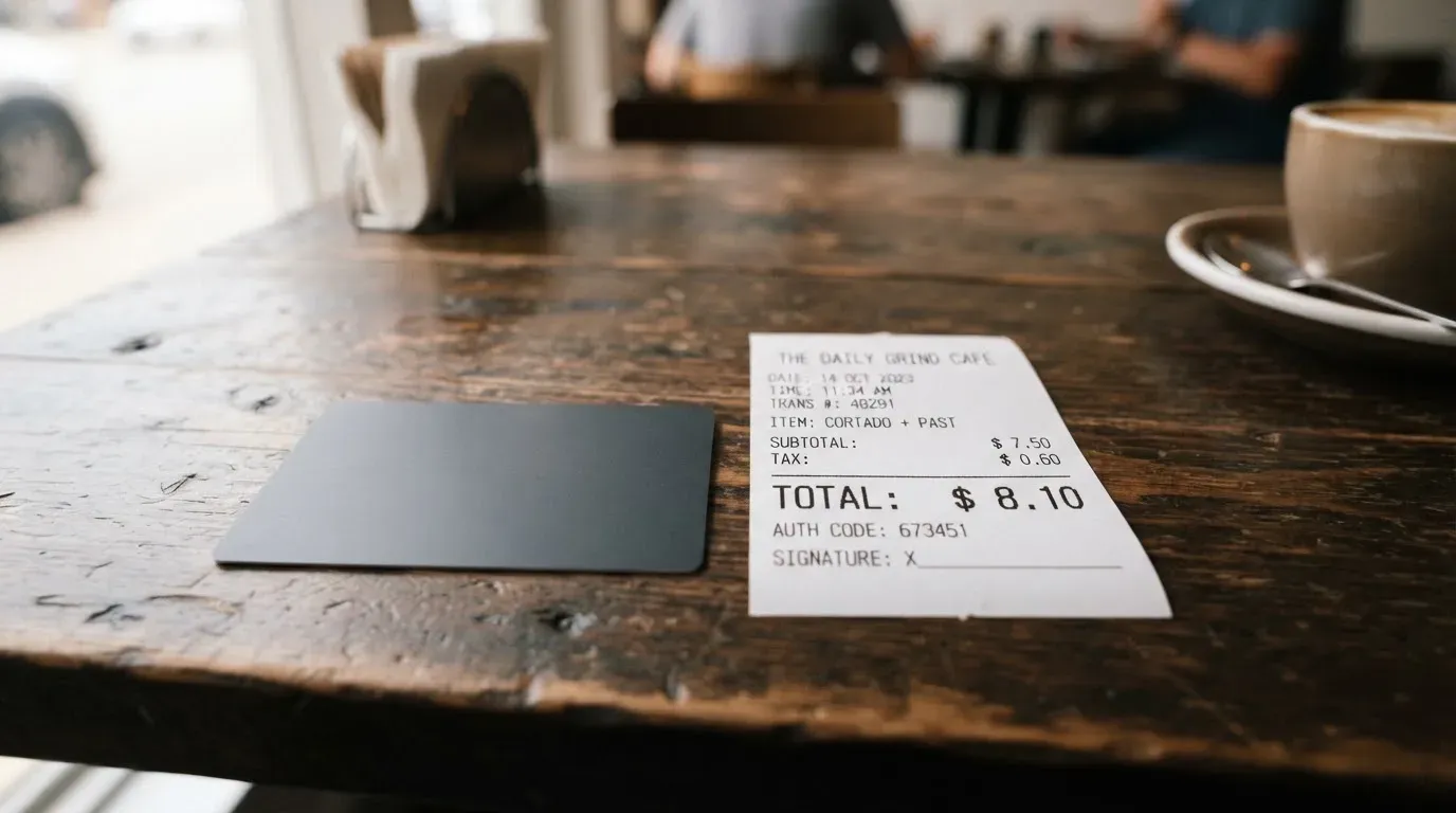 A receipt and a card on a café table