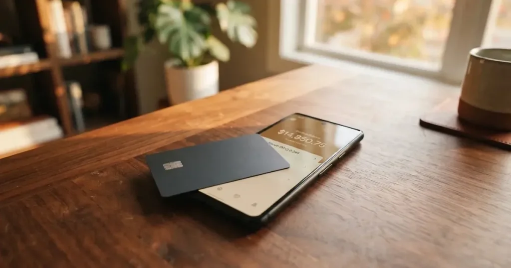 A payment card next to a phone with a crypto wallet app open