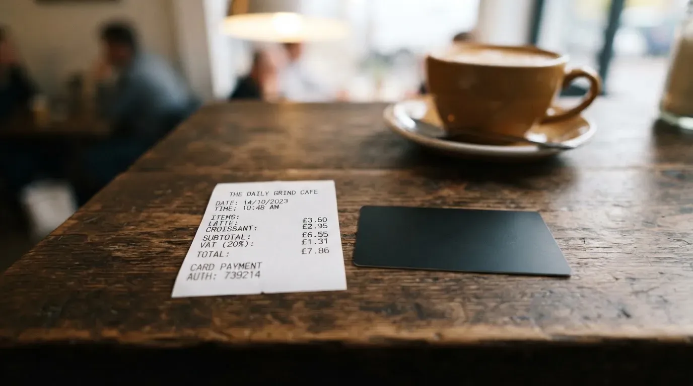 A receipt and a card on a café table
