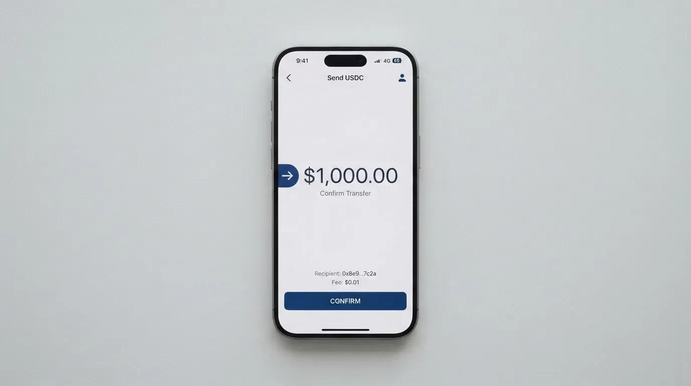 A phone showing a stablecoin transfer screen