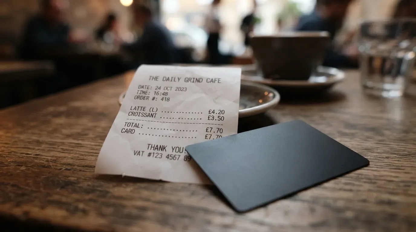 A receipt and a card on a café table