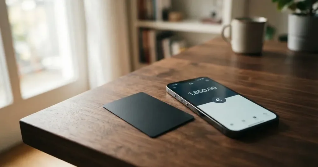 A payment card next to a phone with a crypto wallet app open
