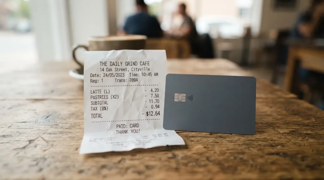 A receipt and a card on a café table