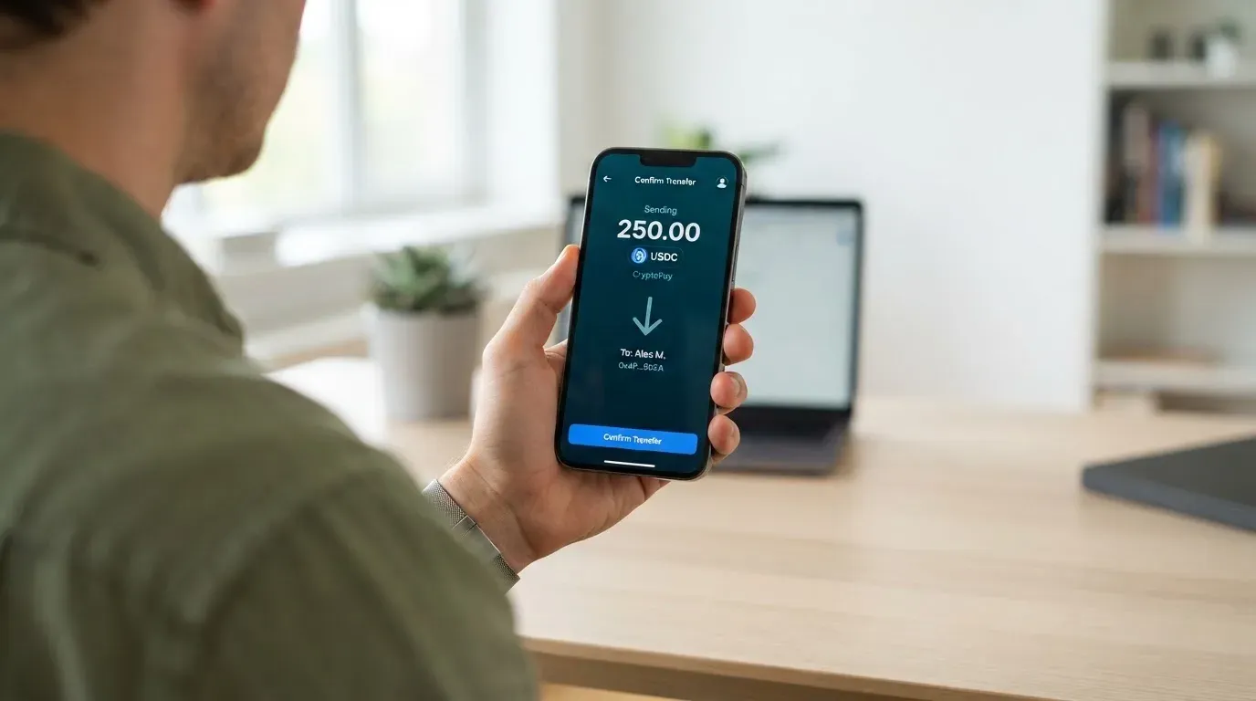 A phone showing a stablecoin transfer screen