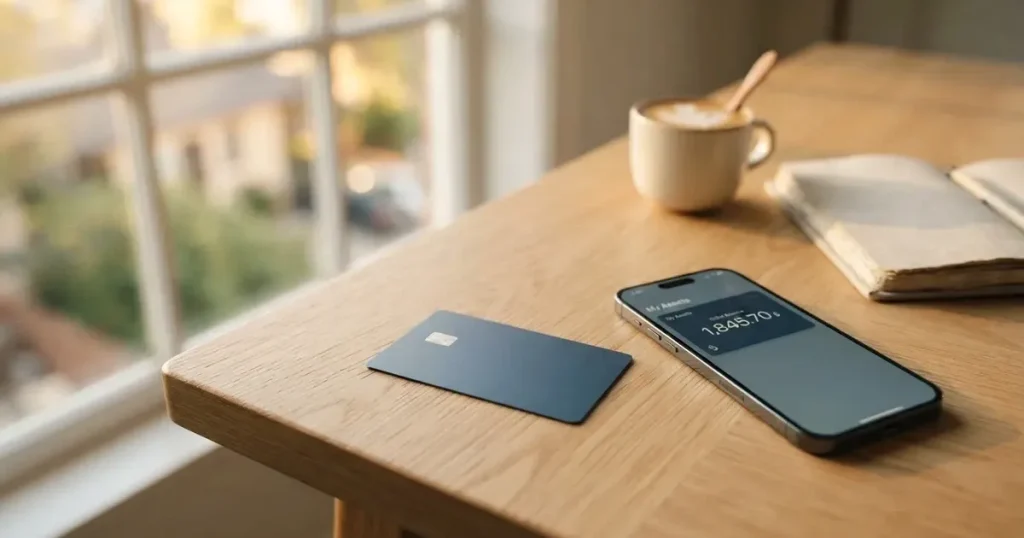 A payment card next to a phone with a crypto wallet app open