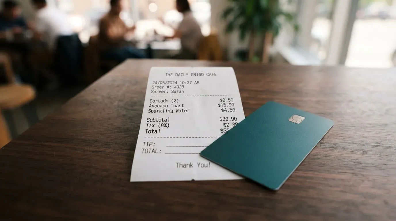 A receipt and a card on a café table