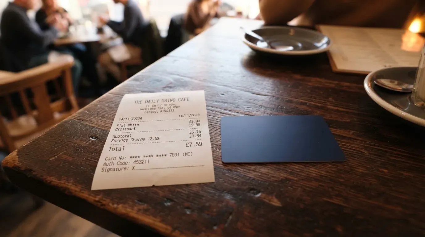 A receipt and a card on a café table