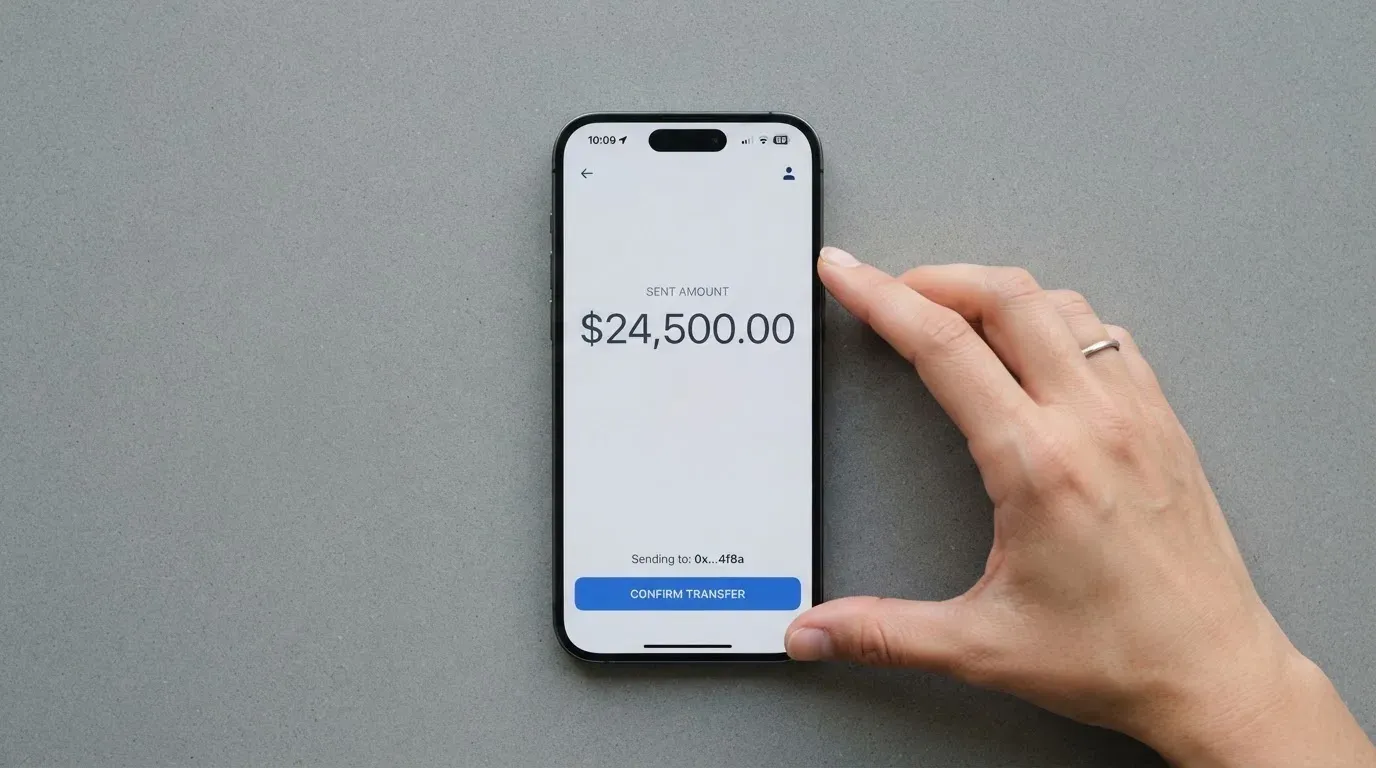 A phone showing a stablecoin transfer screen
