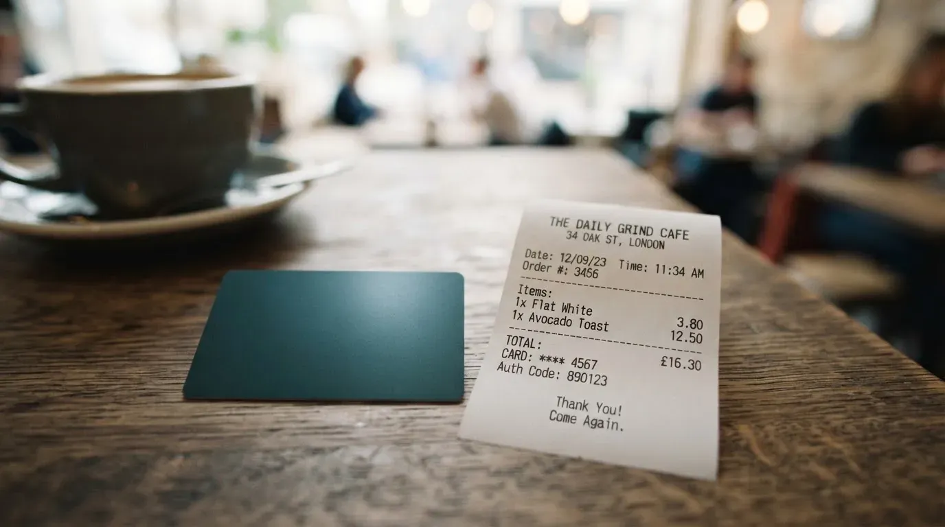 A receipt and a card on a café table