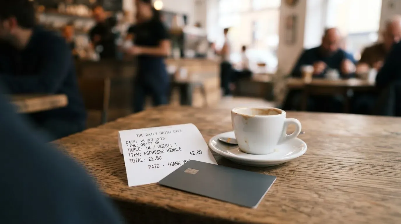 A receipt and a card on a café table