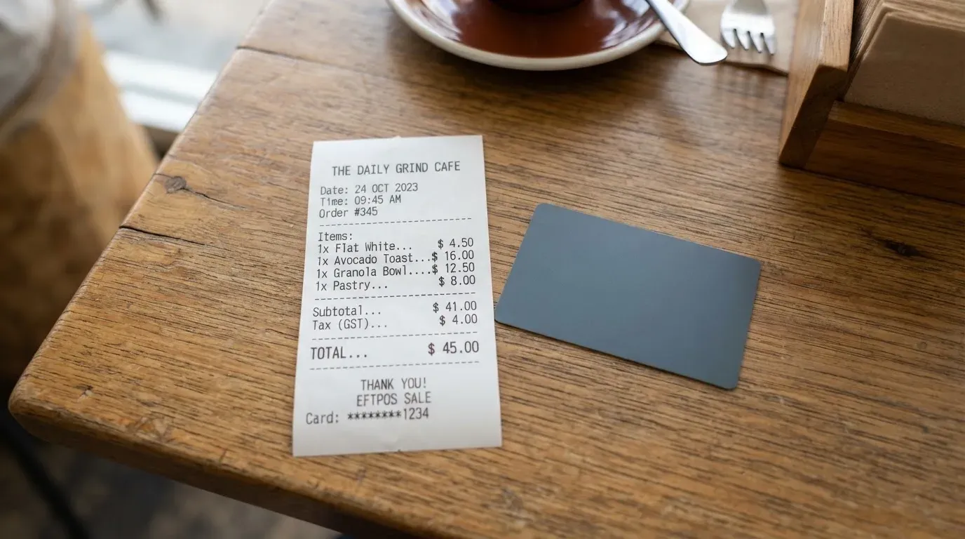 A receipt and a card on a café table