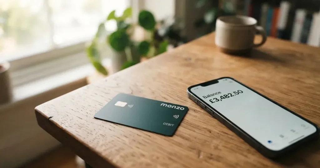 A payment card next to a phone with a crypto wallet app open