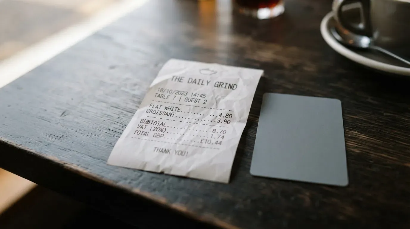 A receipt and a card on a café table