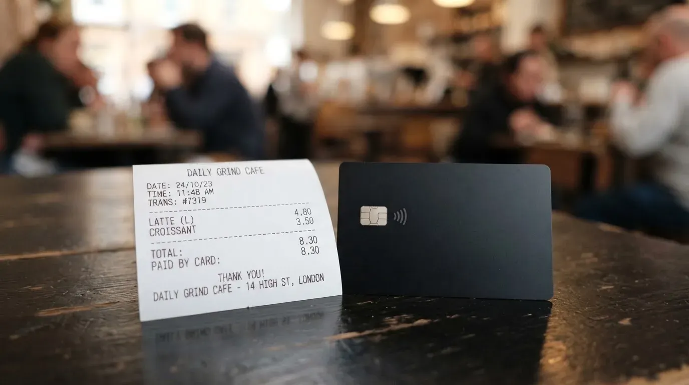 A receipt and a card on a café table