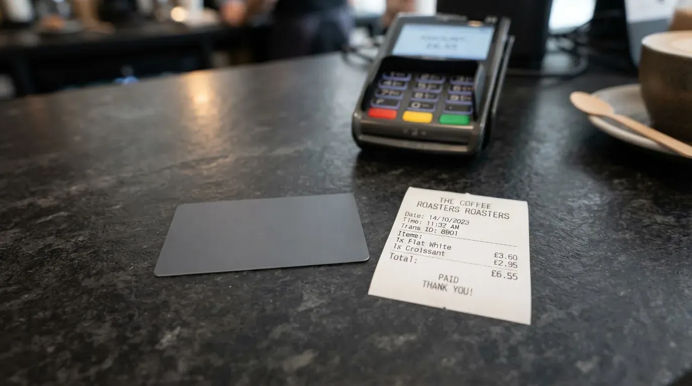 A receipt and a card on a café table