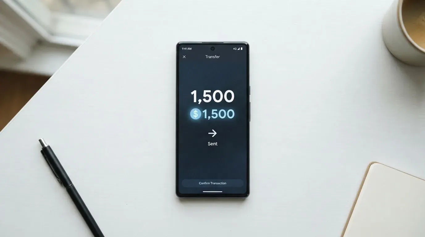 A phone showing a stablecoin transfer screen
