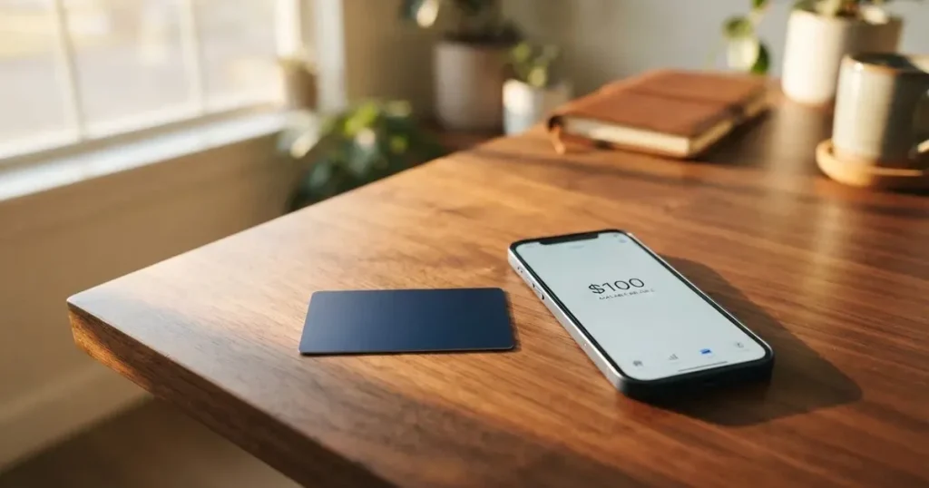 A payment card next to a phone with a crypto wallet app open