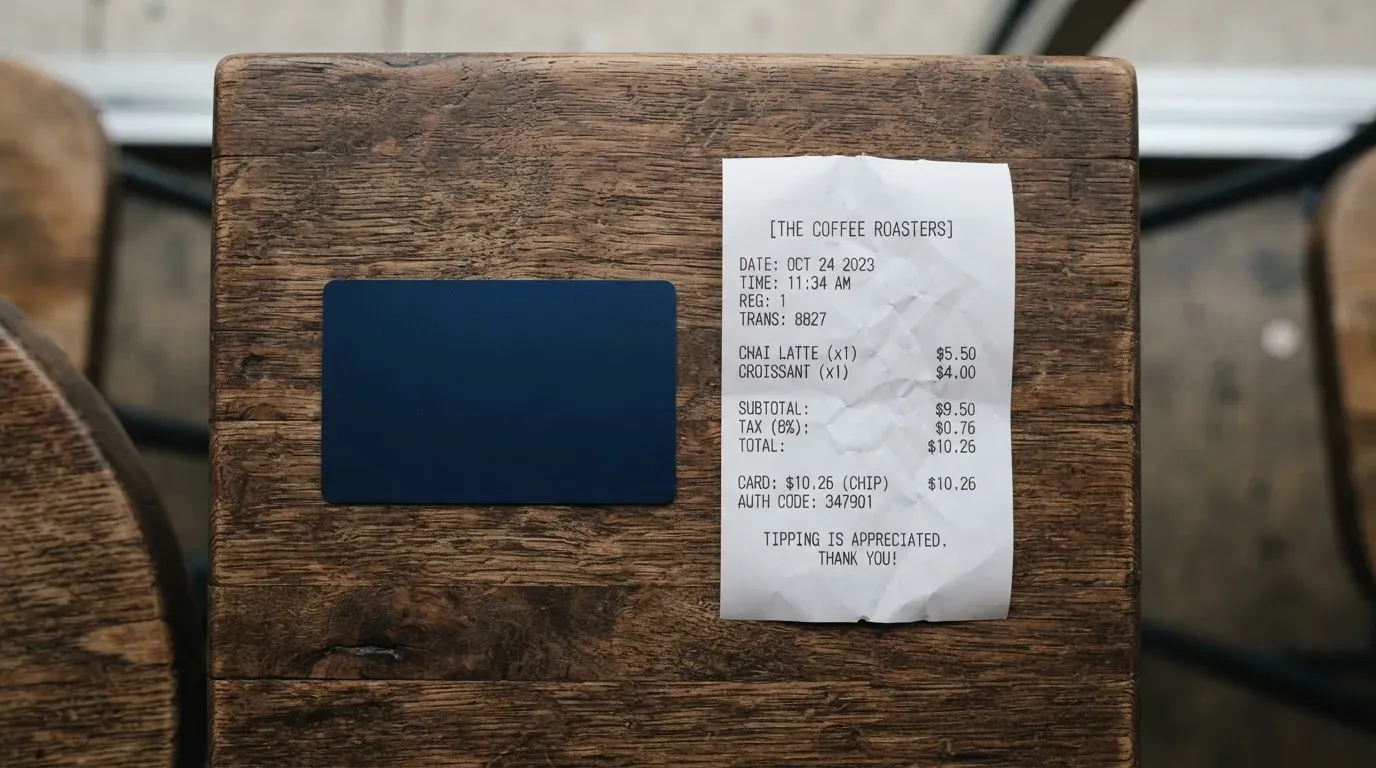 A receipt and a card on a café table