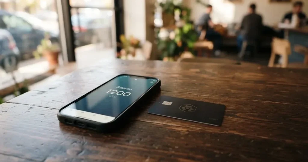 A payment card next to a phone with a crypto wallet app open