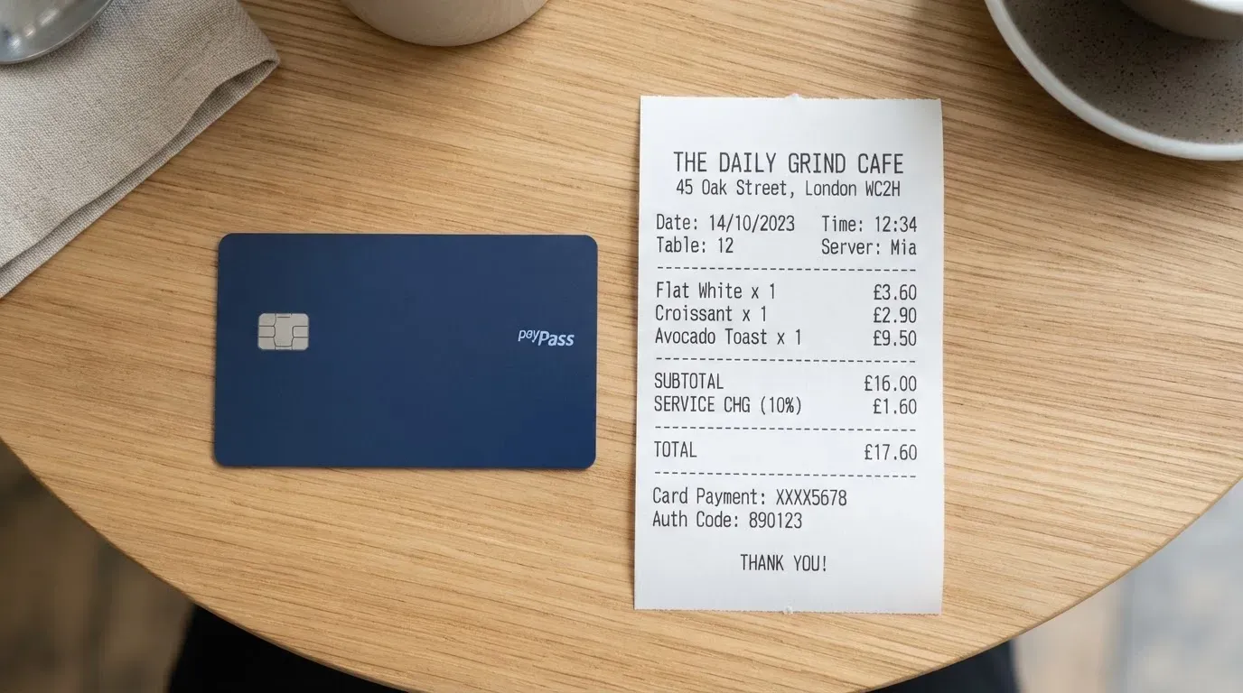 A receipt and a card on a café table