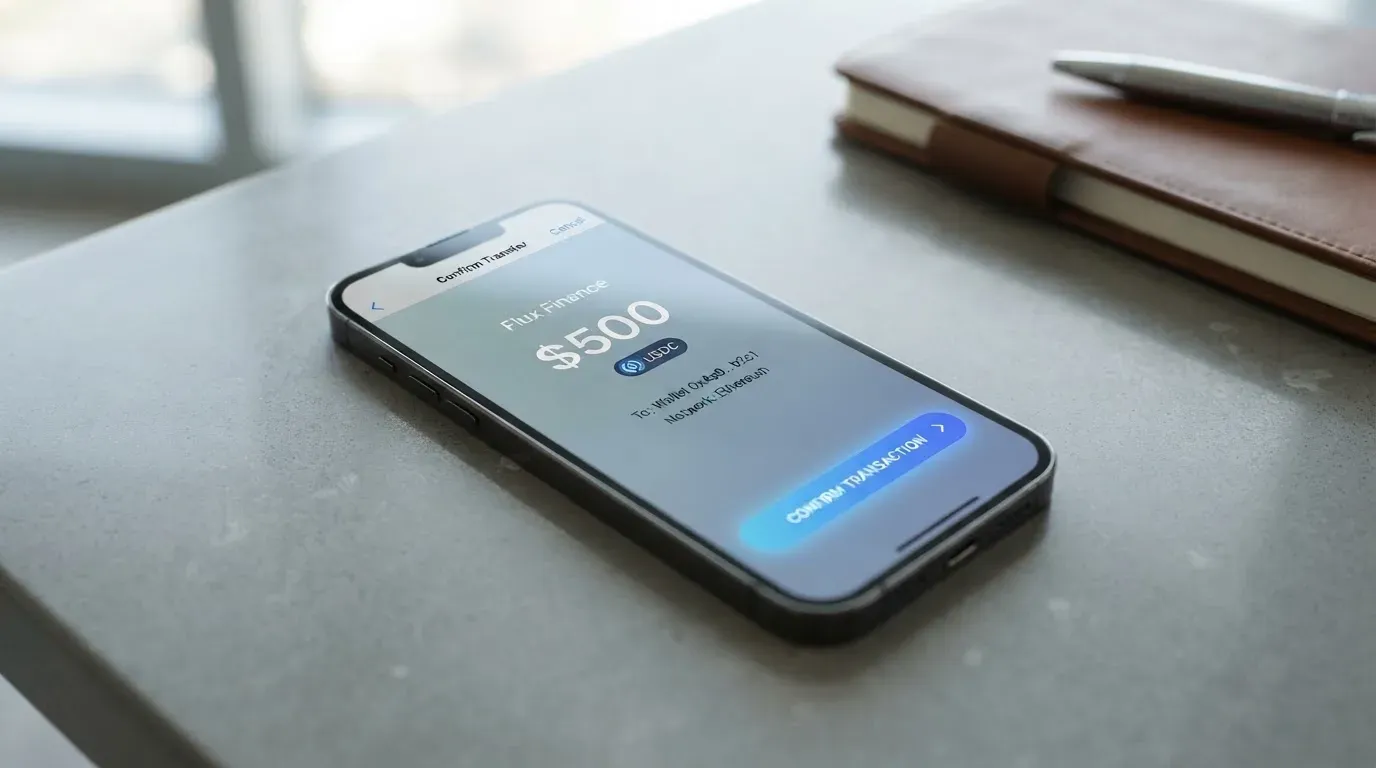 A phone showing a stablecoin transfer screen