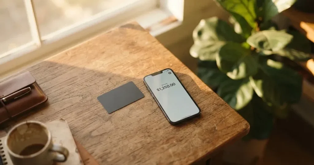 A payment card next to a phone with a crypto wallet app open