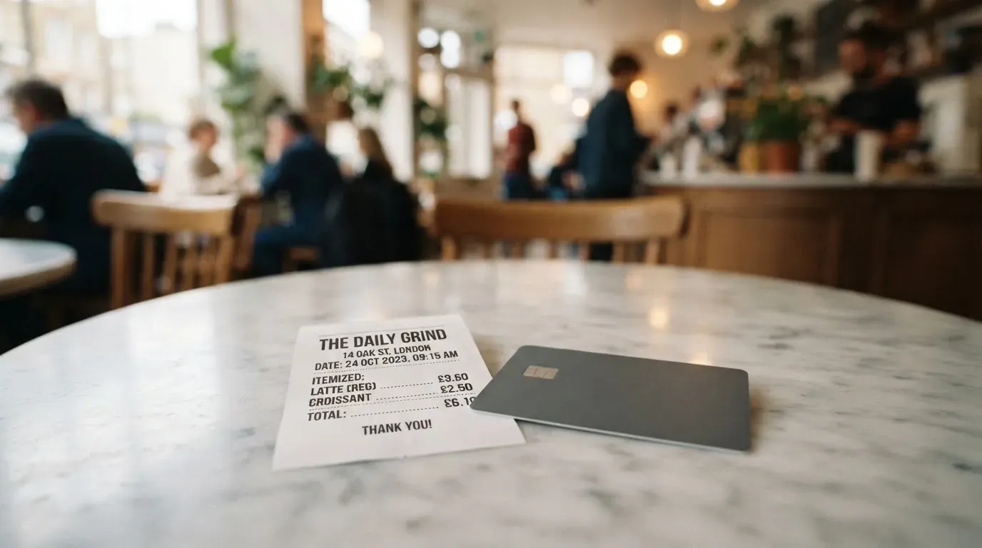 A receipt and a card on a café table