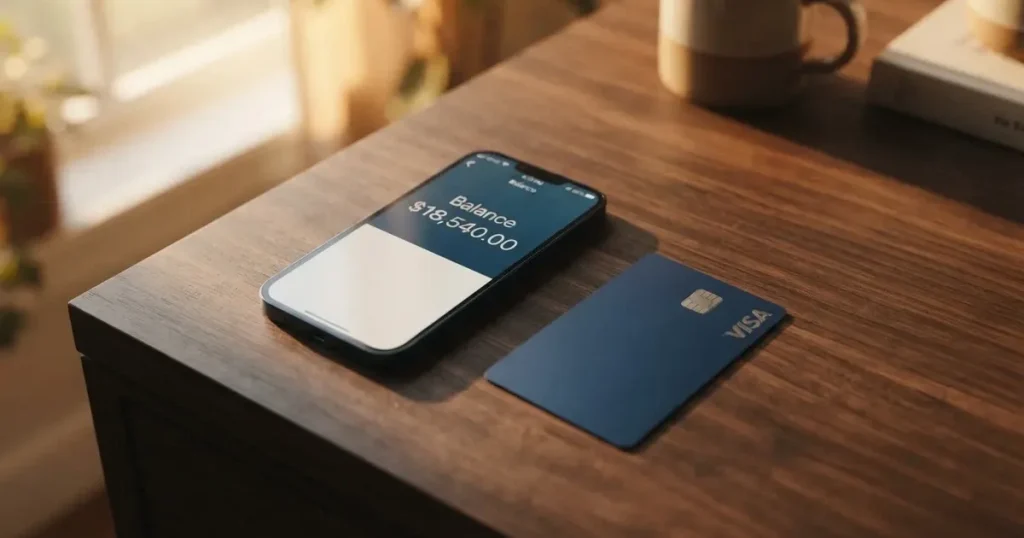 A payment card next to a phone with a crypto wallet app open