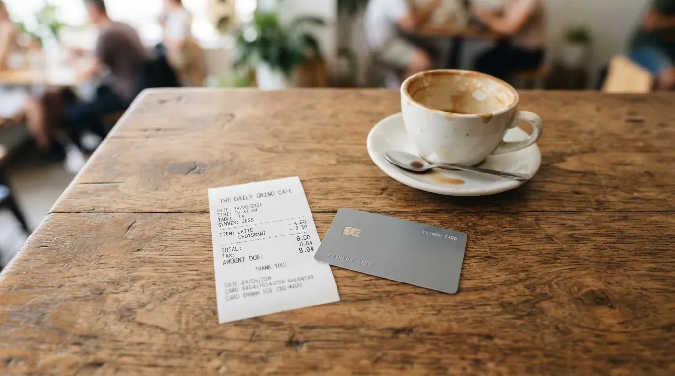 A receipt and a card on a café table