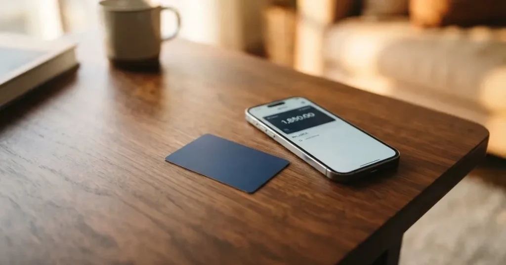 A payment card next to a phone with a crypto wallet app open