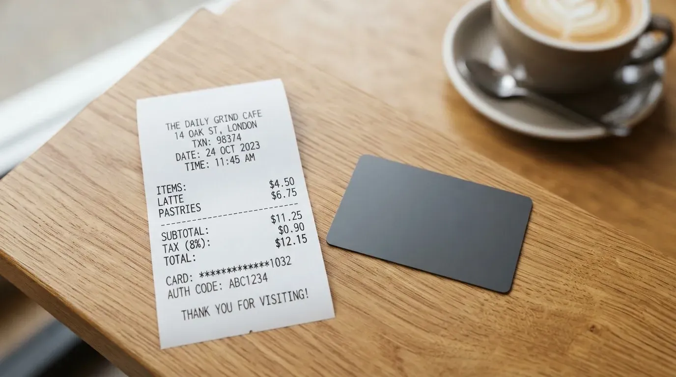 A receipt and a card on a café table