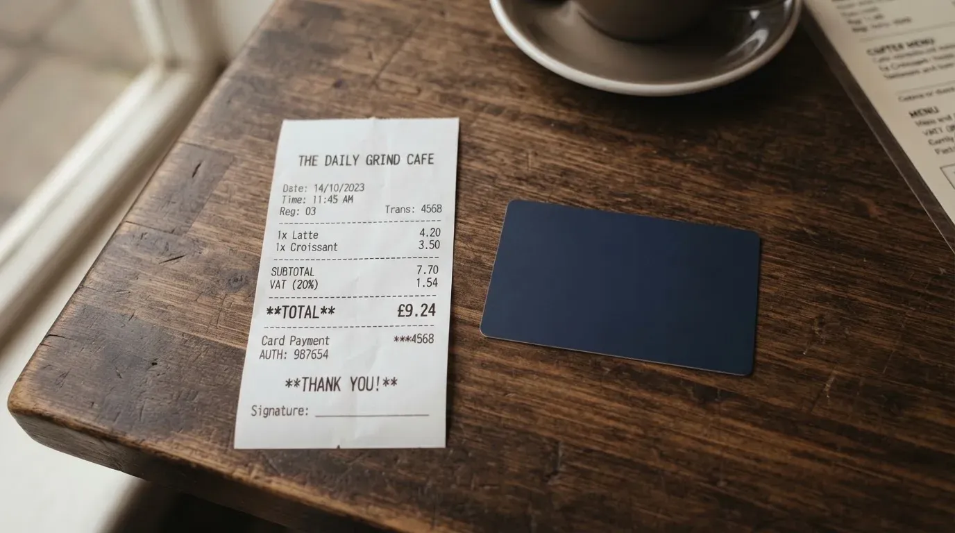 A receipt and a card on a café table