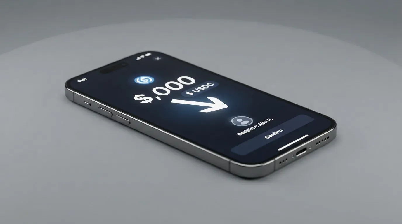 A phone showing a stablecoin transfer screen