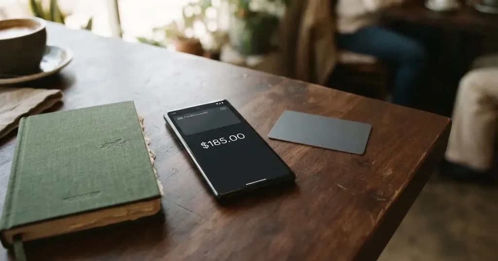 A payment card next to a phone with a crypto wallet app open