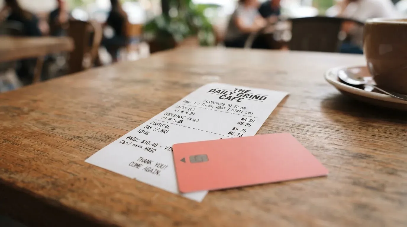 A receipt and a card on a café table