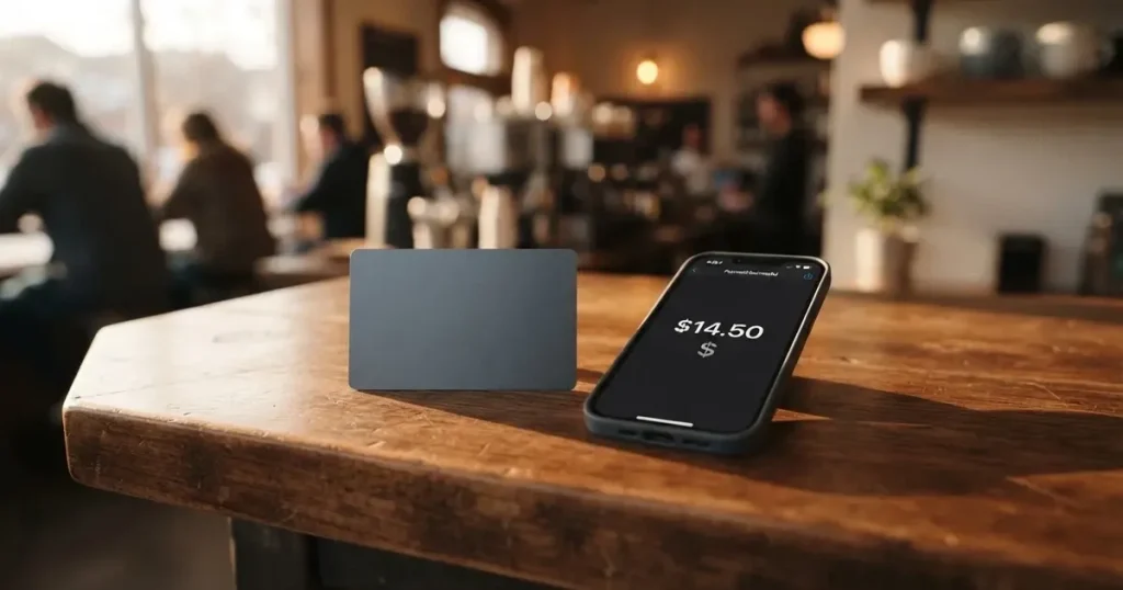 A payment card next to a phone with a crypto wallet app open