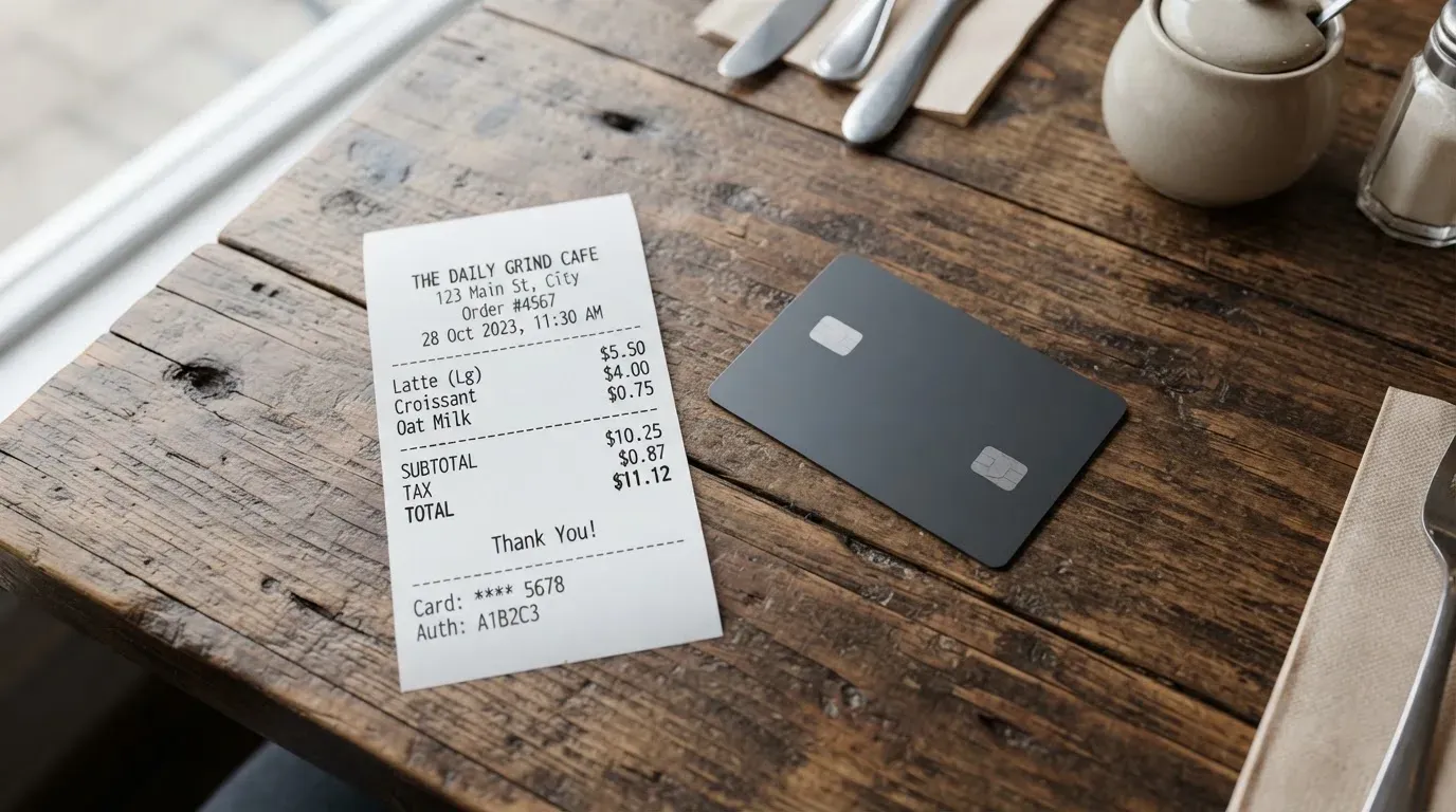 A receipt and a card on a café table