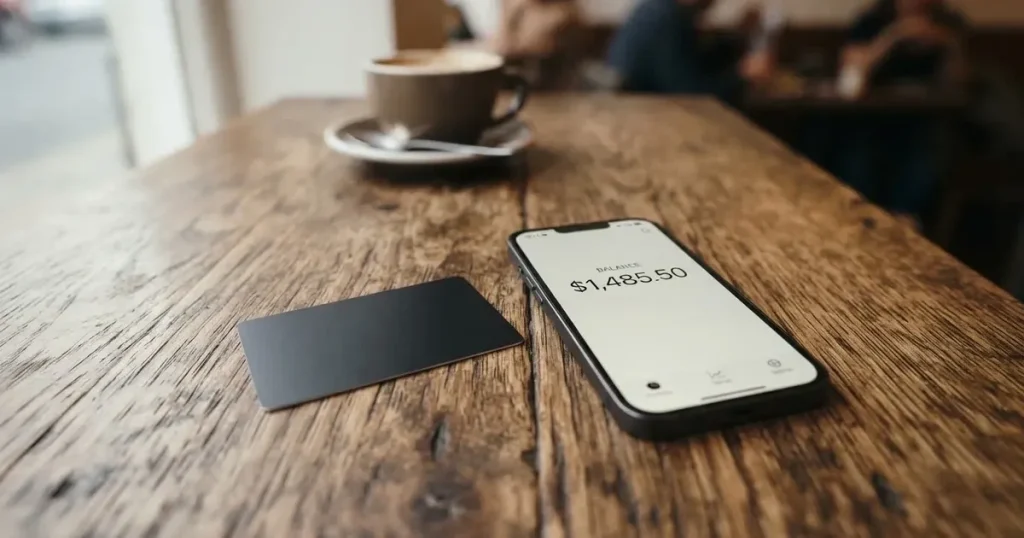 A payment card next to a phone with a crypto wallet app open