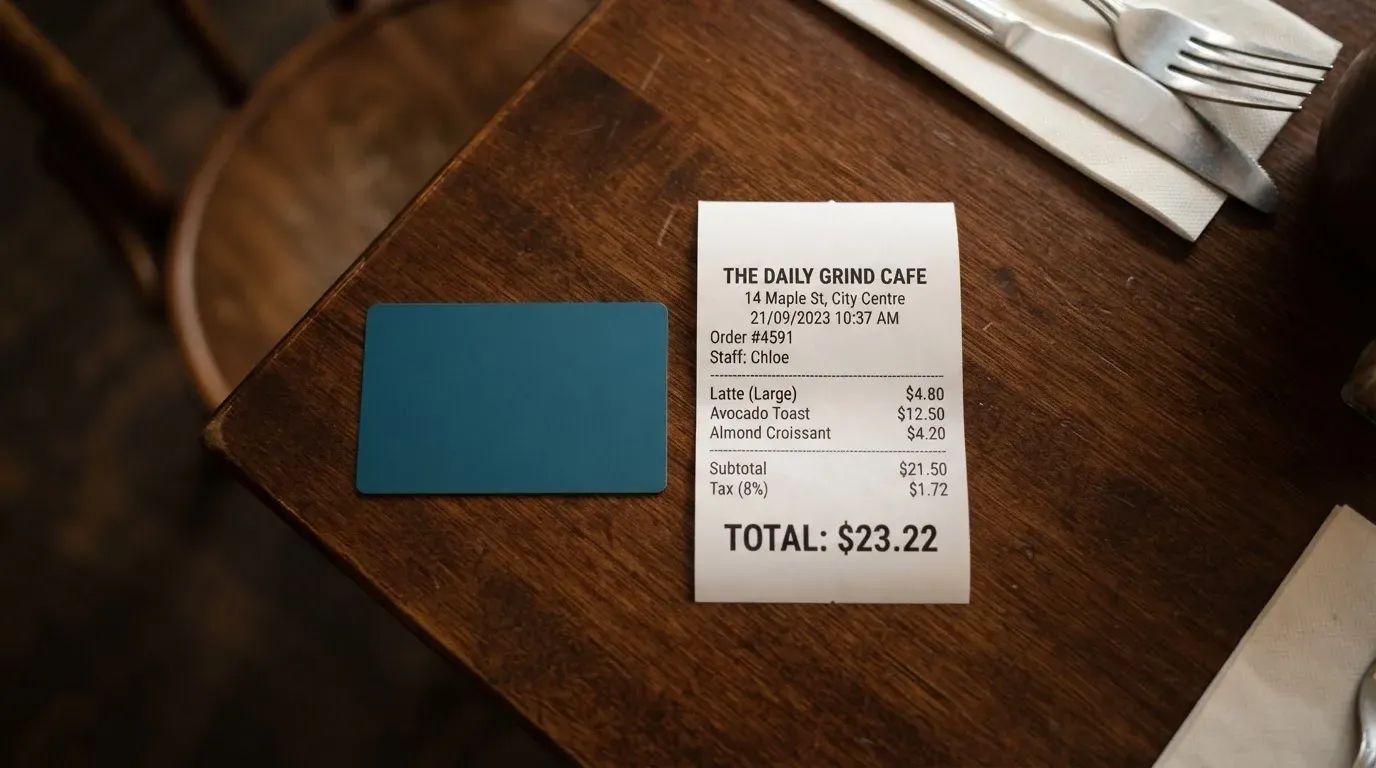A receipt and a card on a café table