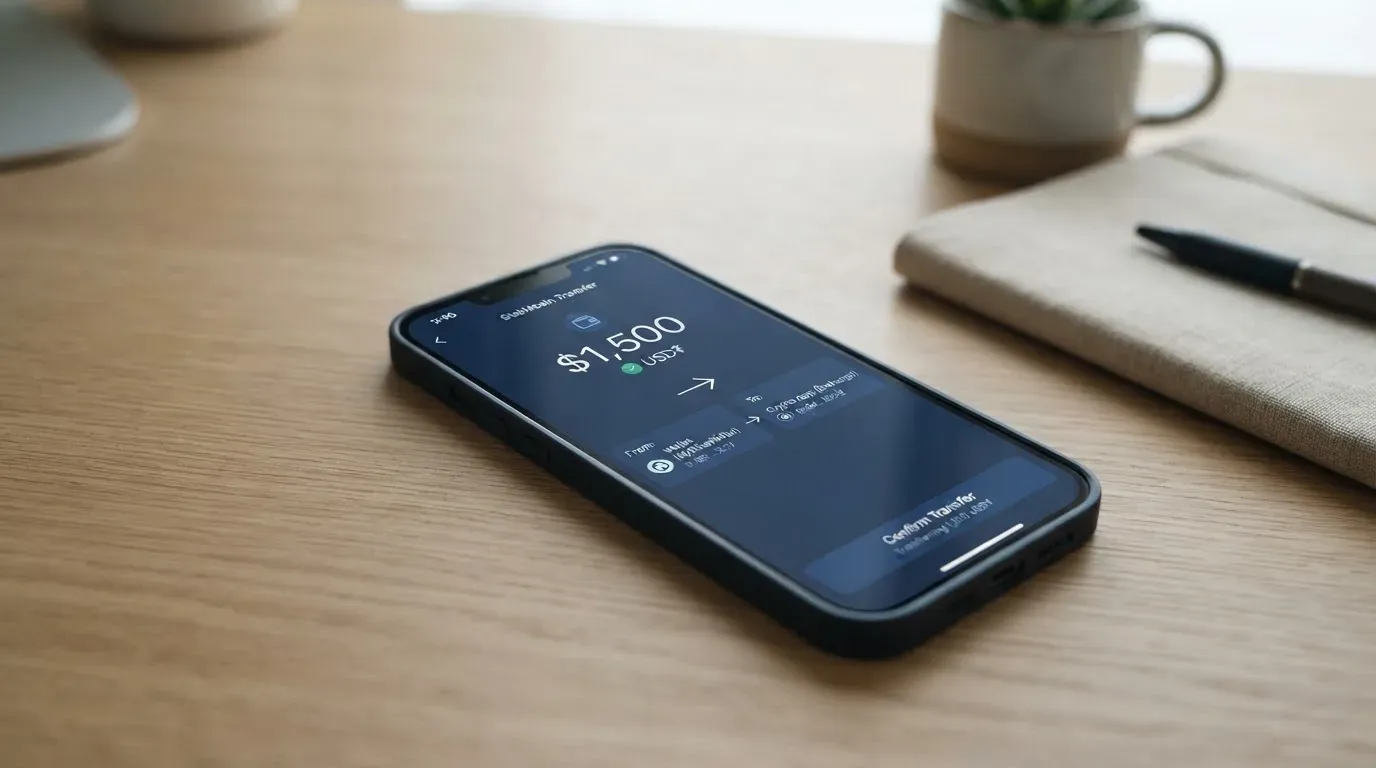 A phone showing a stablecoin transfer screen