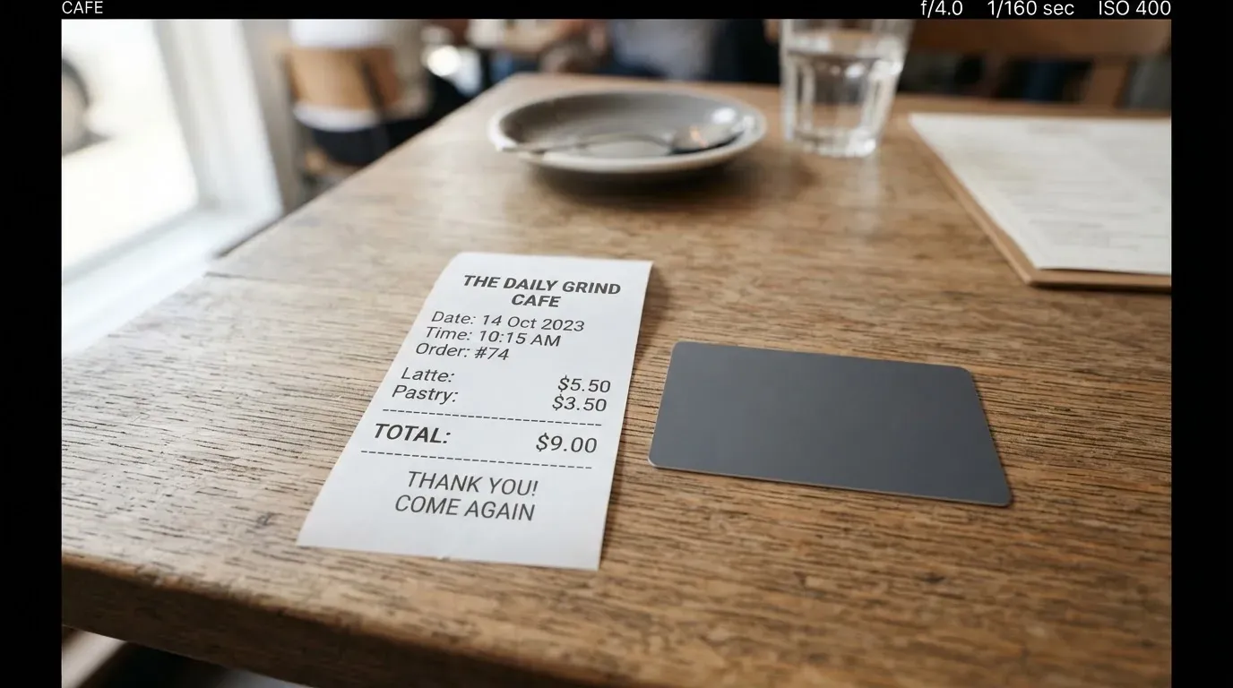 A receipt and a card on a café table