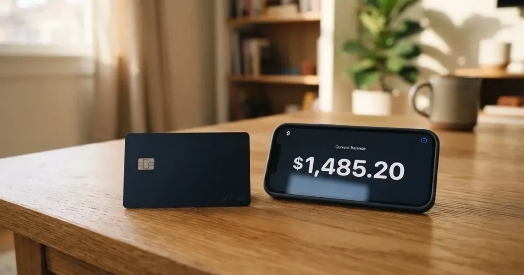 A payment card next to a phone with a crypto wallet app open