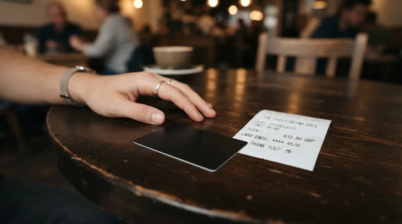 A receipt and a card on a café table