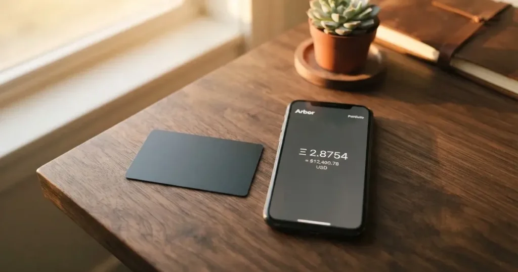 A payment card next to a phone with a crypto wallet app open