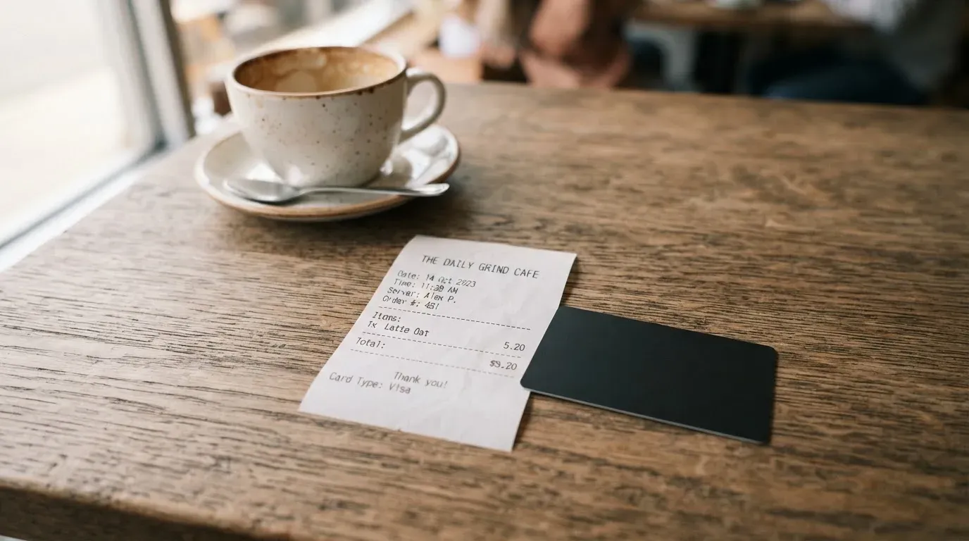 A receipt and a card on a café table