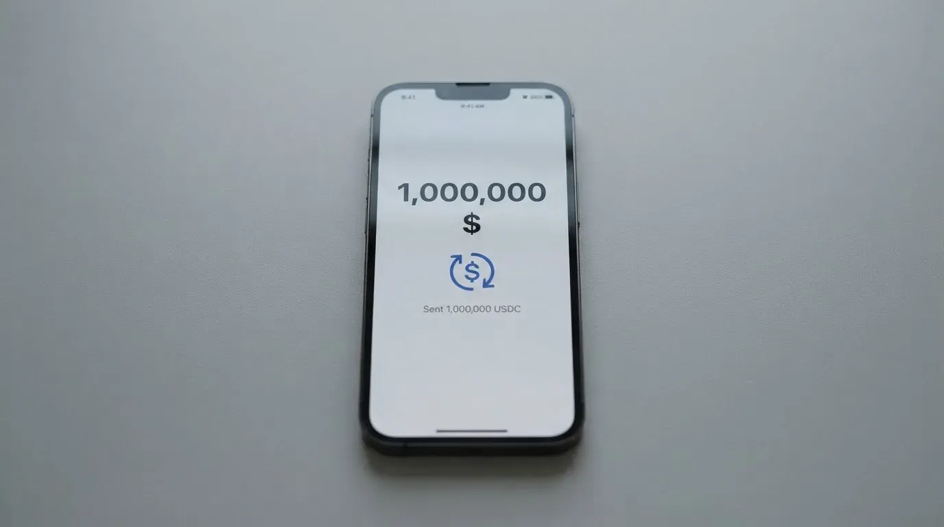 A phone showing a stablecoin transfer screen